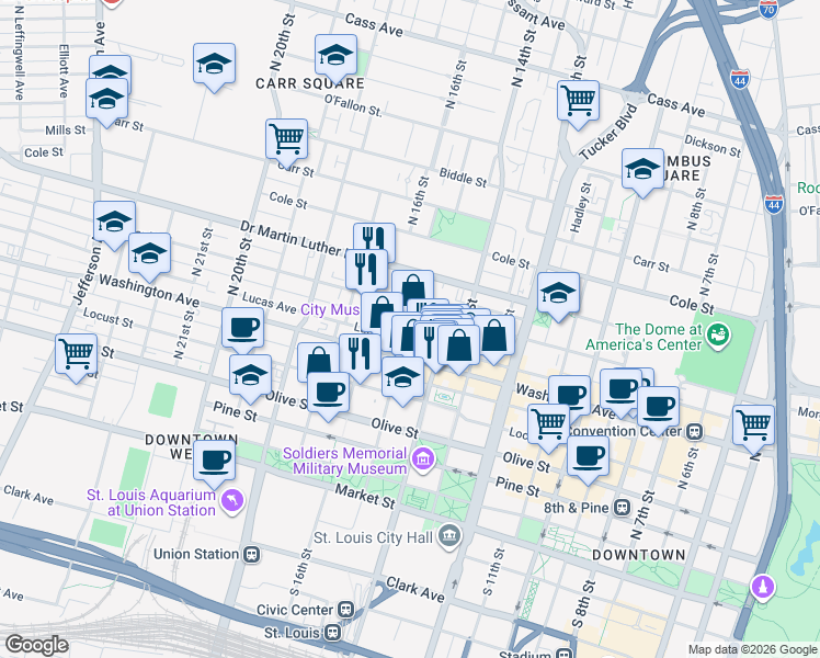 map of restaurants, bars, coffee shops, grocery stores, and more near 1520 Delmar Boulevard in St. Louis