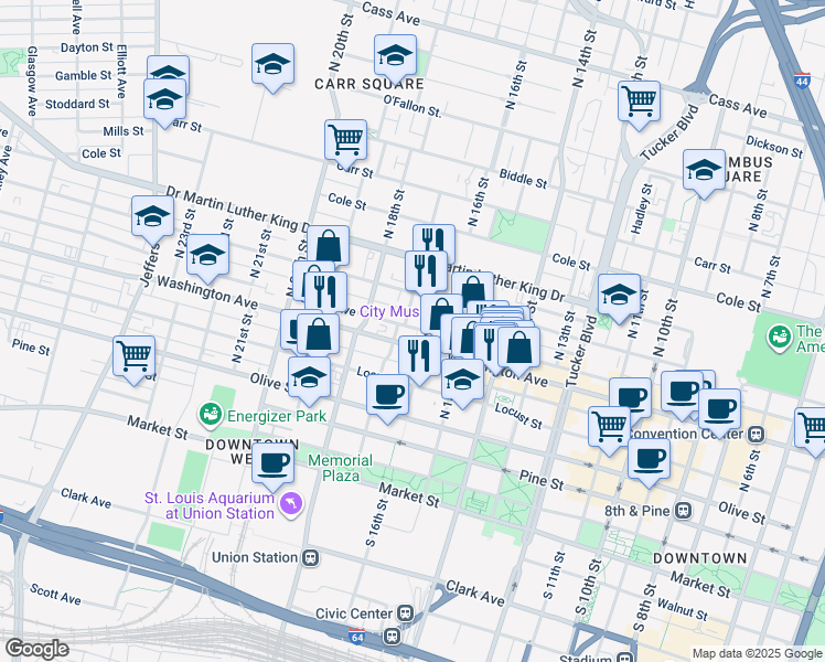 map of restaurants, bars, coffee shops, grocery stores, and more near 1624 Delmar Boulevard in St. Louis