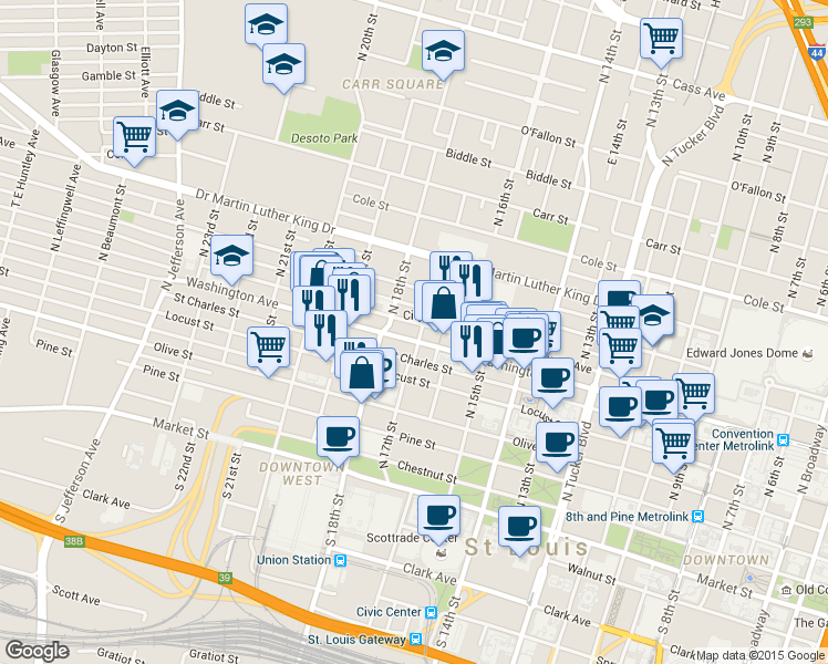 map of restaurants, bars, coffee shops, grocery stores, and more near 1731 Lucas Avenue in St. Louis