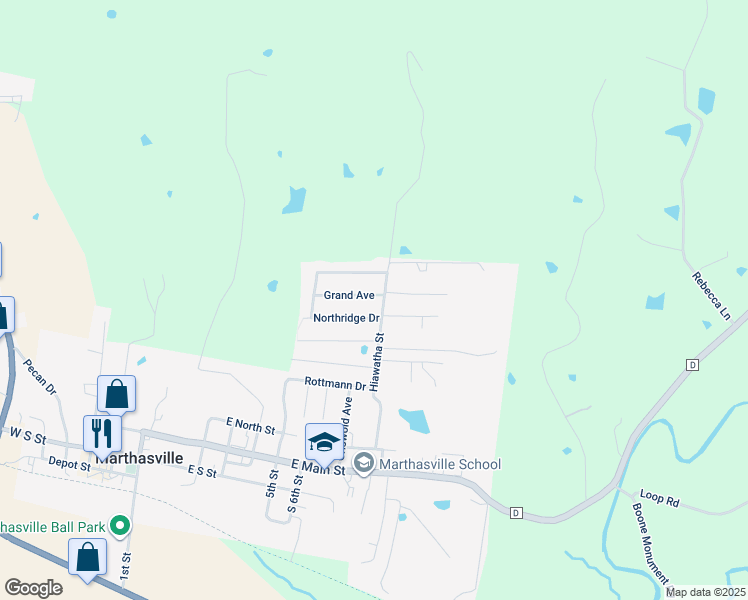 map of restaurants, bars, coffee shops, grocery stores, and more near 803 Grand Avenue in Marthasville