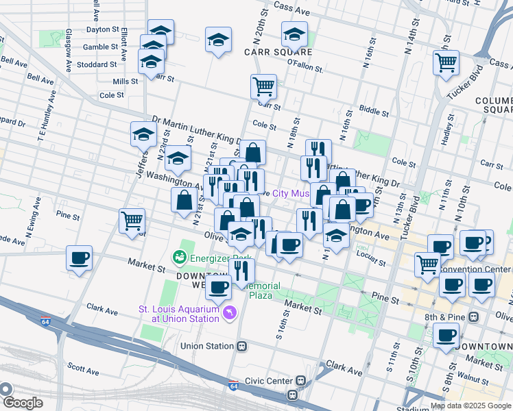 map of restaurants, bars, coffee shops, grocery stores, and more near 1801 Washington Avenue in St. Louis