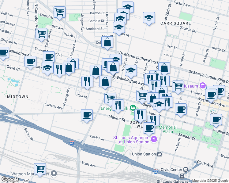 map of restaurants, bars, coffee shops, grocery stores, and more near 2356 Locust Street in St. Louis