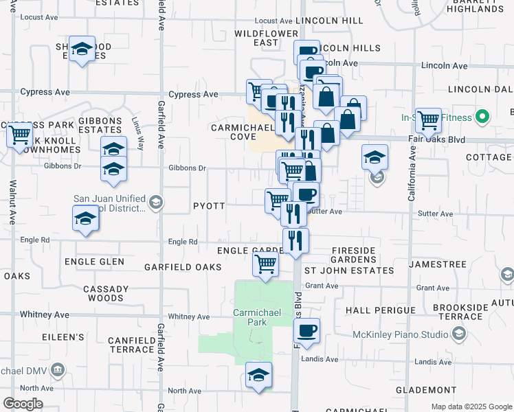 map of restaurants, bars, coffee shops, grocery stores, and more near 5809 Sutter Avenue in Carmichael