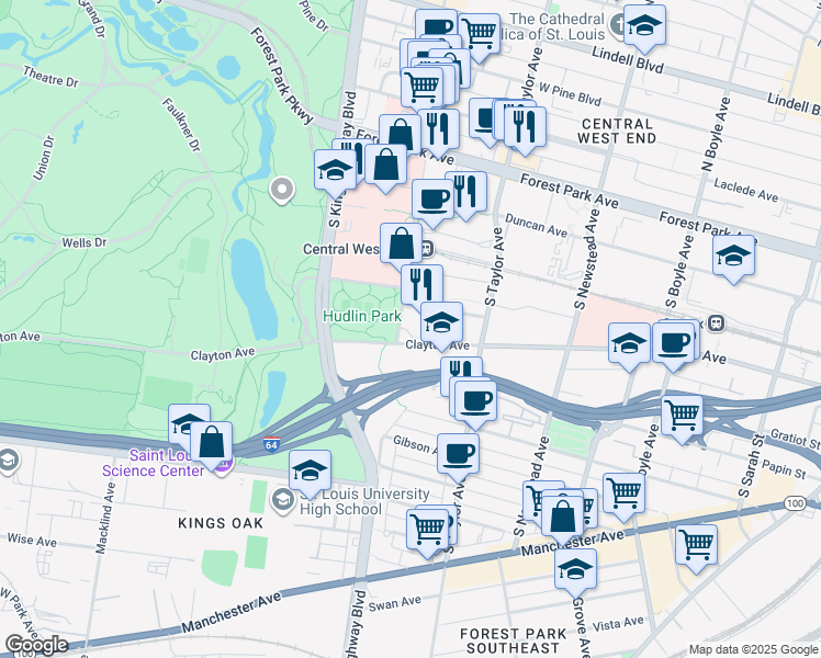 map of restaurants, bars, coffee shops, grocery stores, and more near 718 South Euclid Avenue in St. Louis