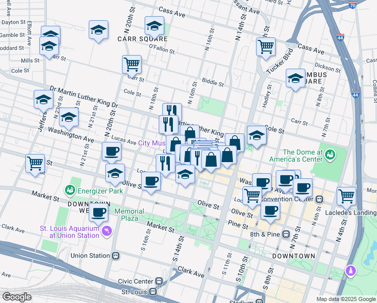 map of restaurants, bars, coffee shops, grocery stores, and more near 701 North 15th Street in St. Louis