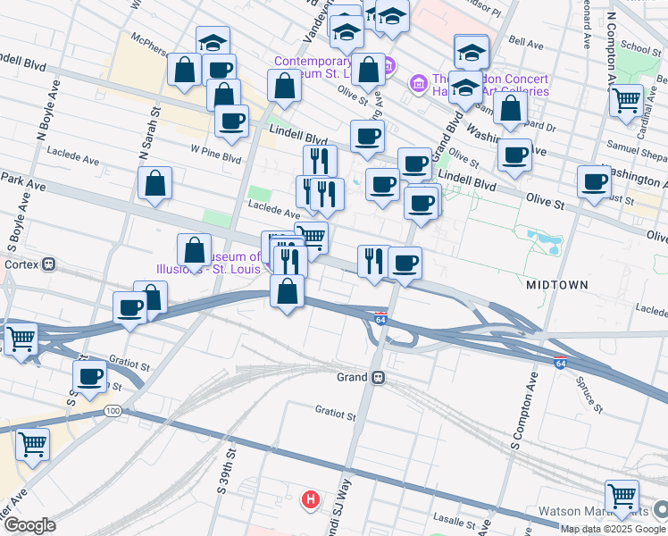map of restaurants, bars, coffee shops, grocery stores, and more near 3684 Forest Park Avenue in Saint Louis