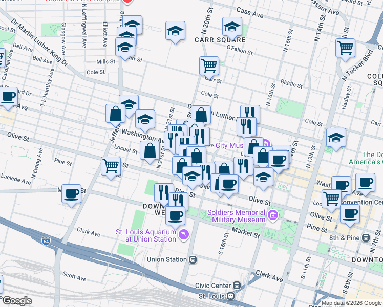 map of restaurants, bars, coffee shops, grocery stores, and more near 1900 Washington Avenue in St. Louis
