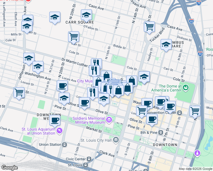 map of restaurants, bars, coffee shops, grocery stores, and more near 1520 Delmar Boulevard in St. Louis