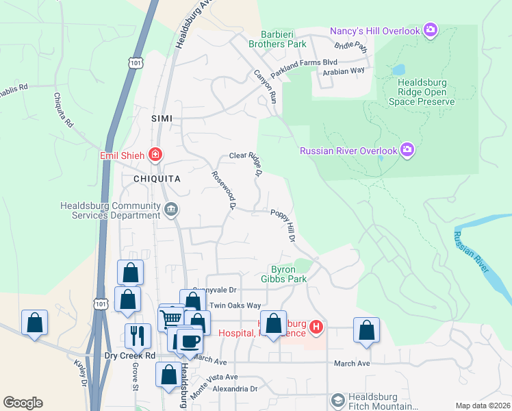 map of restaurants, bars, coffee shops, grocery stores, and more near 1579 Clear Ridge Drive in Healdsburg