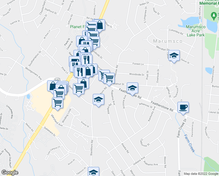 map of restaurants, bars, coffee shops, grocery stores, and more near 1551 Featherstone Rd in Woodbridge