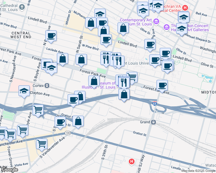 map of restaurants, bars, coffee shops, grocery stores, and more near 3834 Forest Park Avenue in St. Louis