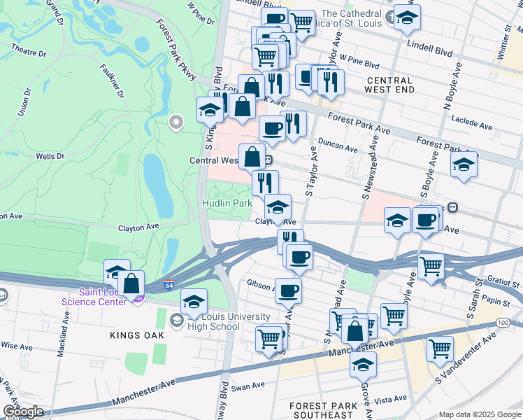 map of restaurants, bars, coffee shops, grocery stores, and more near 4556 McKinley Avenue in St. Louis