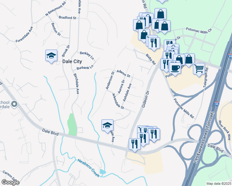 map of restaurants, bars, coffee shops, grocery stores, and more near 14618 Aurora Drive in Woodbridge