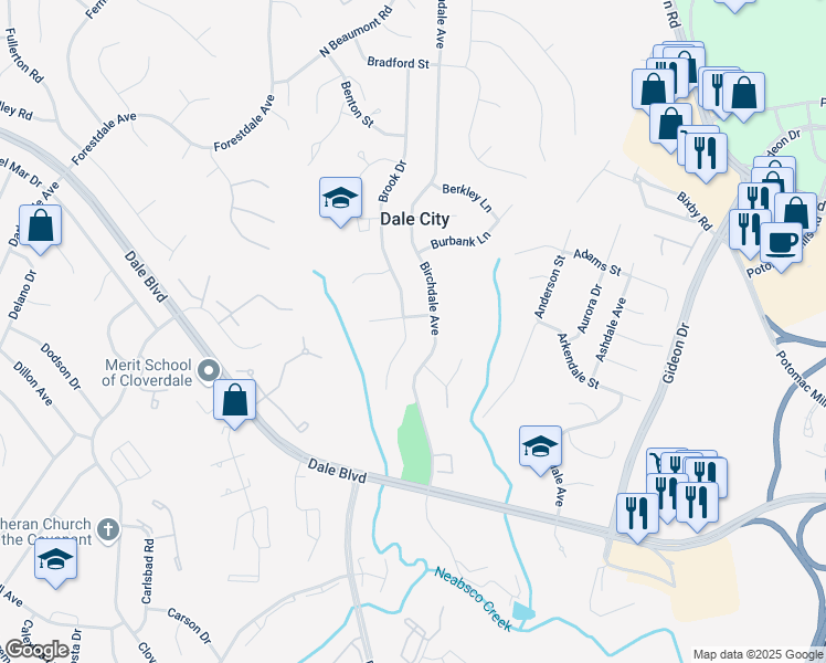 map of restaurants, bars, coffee shops, grocery stores, and more near 14703 Brook Drive in Woodbridge