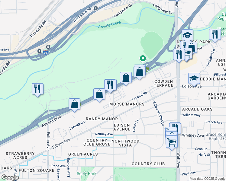 map of restaurants, bars, coffee shops, grocery stores, and more near Auburn Blvd & Morse Ave in Sacramento