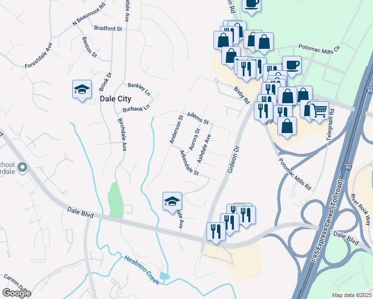 map of restaurants, bars, coffee shops, grocery stores, and more near 14618 Aurora Drive in Woodbridge