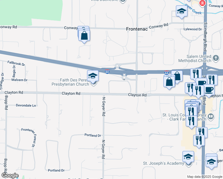 map of restaurants, bars, coffee shops, grocery stores, and more near 14 Clayton Downs Lane in Frontenac