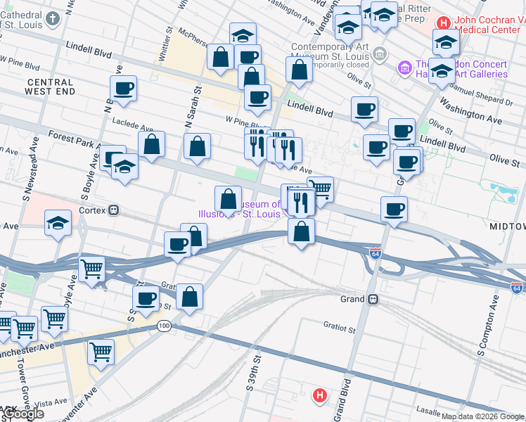 map of restaurants, bars, coffee shops, grocery stores, and more near 3835 Foundry Way in St. Louis
