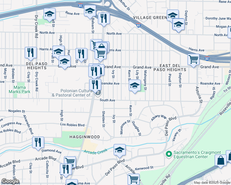 map of restaurants, bars, coffee shops, grocery stores, and more near 3620 Ivy Street in Sacramento