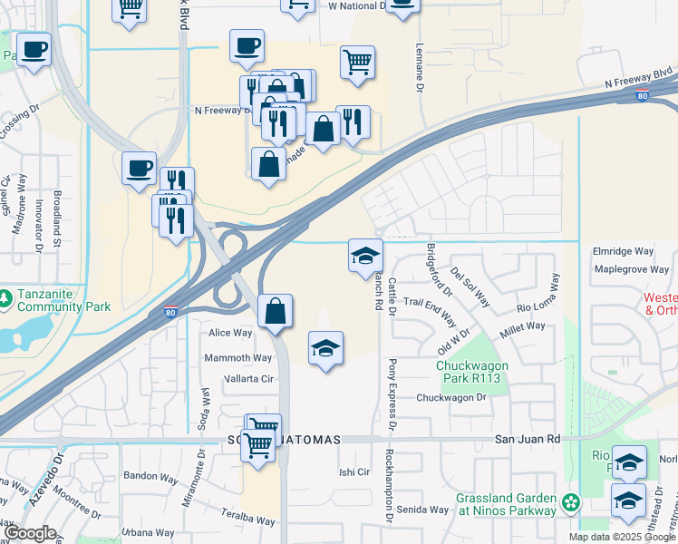 map of restaurants, bars, coffee shops, grocery stores, and more near 3401 Fong Ranch Road in Sacramento