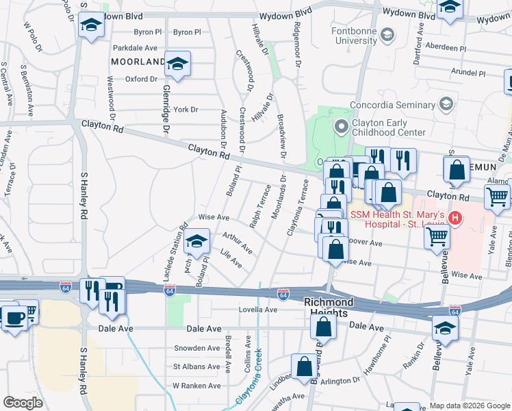 map of restaurants, bars, coffee shops, grocery stores, and more near 1115 Ralph Terrace in Richmond Heights