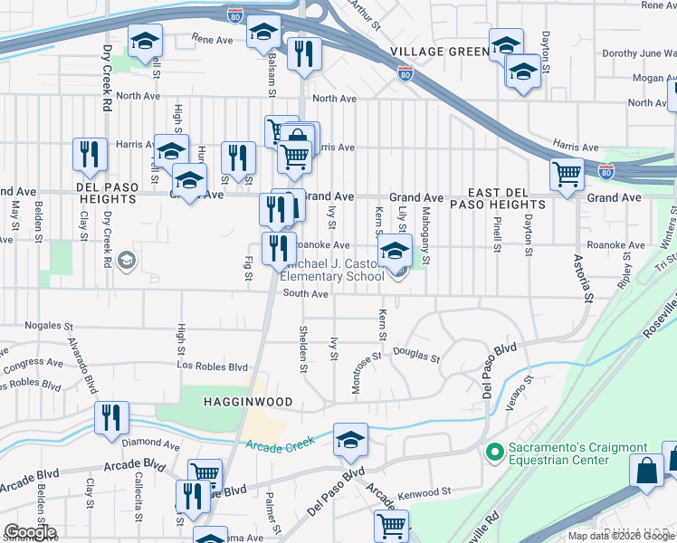 map of restaurants, bars, coffee shops, grocery stores, and more near 3620 Ivy Street in Sacramento