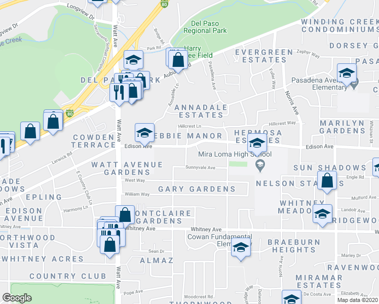 map of restaurants, bars, coffee shops, grocery stores, and more near 3730 Edison Avenue in Sacramento