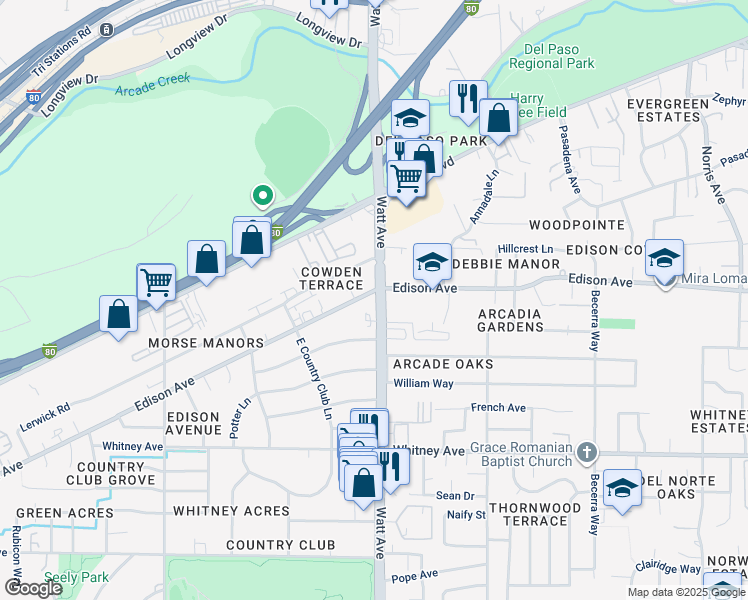map of restaurants, bars, coffee shops, grocery stores, and more near 3739 Watt Avenue in Sacramento