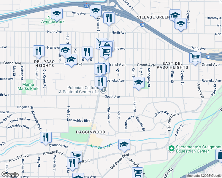 map of restaurants, bars, coffee shops, grocery stores, and more near 3629 Willow Street in Sacramento