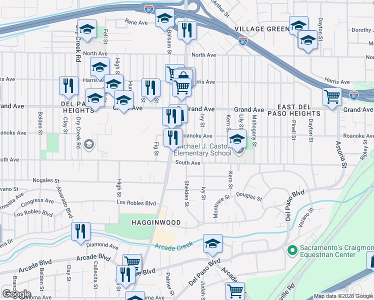 map of restaurants, bars, coffee shops, grocery stores, and more near 3629 Willow Street in Sacramento