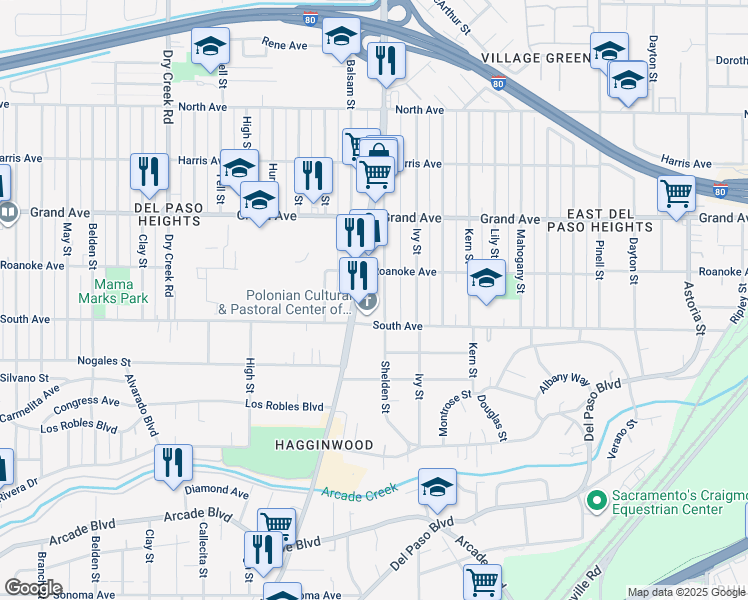 map of restaurants, bars, coffee shops, grocery stores, and more near 3629 Willow Street in Sacramento
