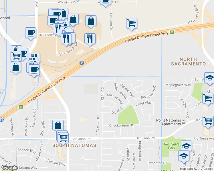 map of restaurants, bars, coffee shops, grocery stores, and more near 3606 Cattle Drive in Sacramento