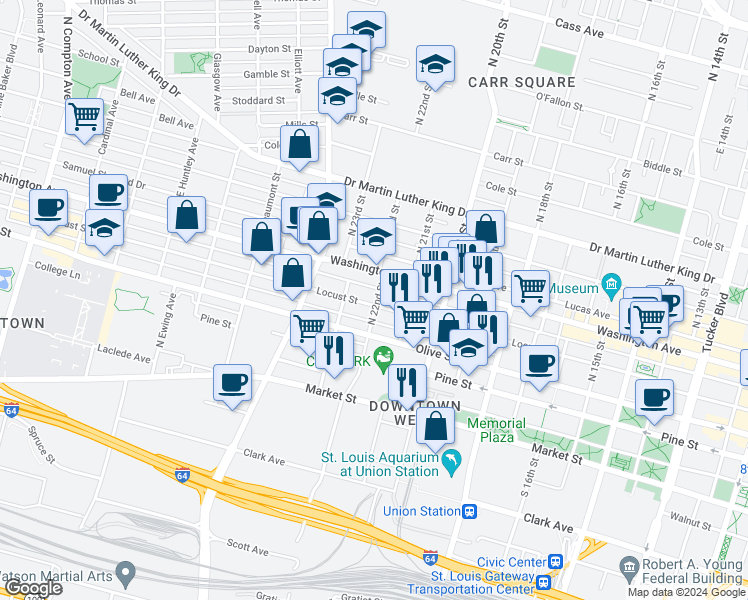 map of restaurants, bars, coffee shops, grocery stores, and more near 2221 Locust Street in St. Louis