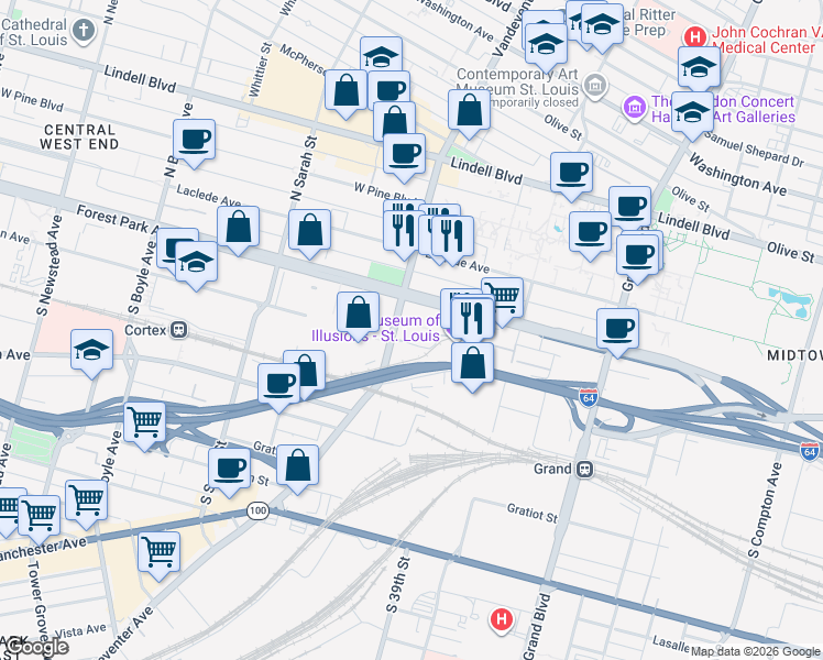map of restaurants, bars, coffee shops, grocery stores, and more near 3834 Forest Park Avenue in St. Louis