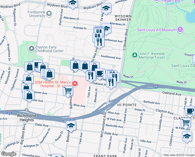 map of restaurants, bars, coffee shops, grocery stores, and more near 6340 Clayton Road in St. Louis