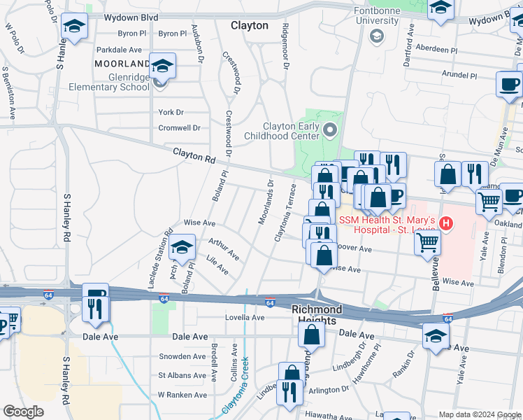 map of restaurants, bars, coffee shops, grocery stores, and more near 1114 Moorlands Drive in Richmond Heights
