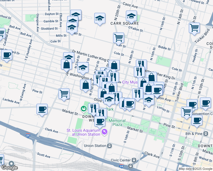 map of restaurants, bars, coffee shops, grocery stores, and more near 1917 Washington Avenue in St. Louis