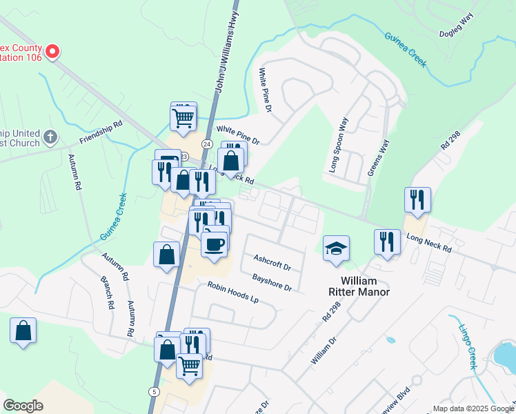 map of restaurants, bars, coffee shops, grocery stores, and more near 32269 Pelican Court in Millsboro