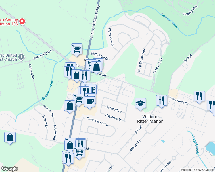 map of restaurants, bars, coffee shops, grocery stores, and more near 32269 Pelican Court in Millsboro