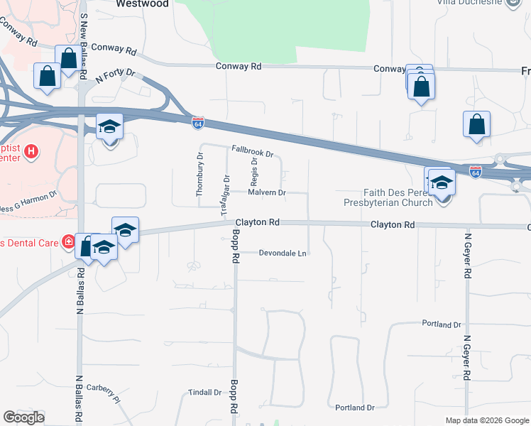 map of restaurants, bars, coffee shops, grocery stores, and more near 11549 Clayton Road in Frontenac