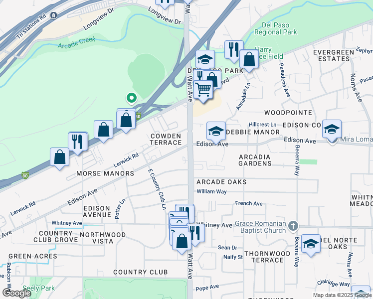 map of restaurants, bars, coffee shops, grocery stores, and more near 3739 Watt Avenue in Sacramento
