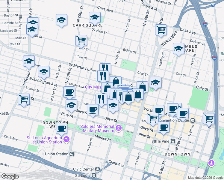 map of restaurants, bars, coffee shops, grocery stores, and more near 1520 Delmar Boulevard in St. Louis