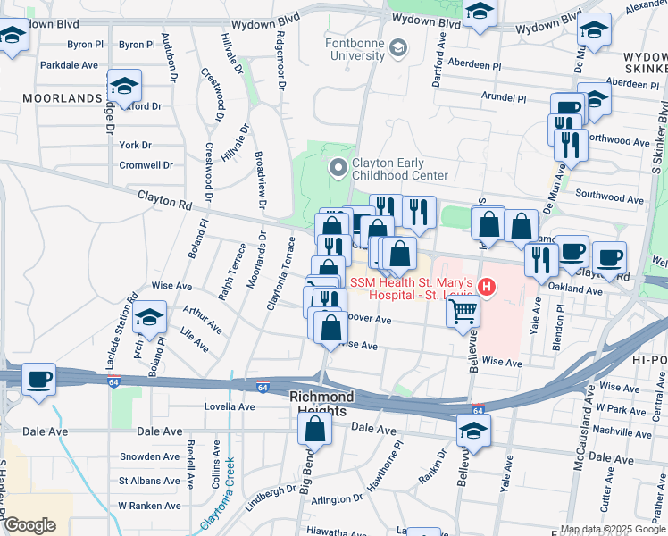 map of restaurants, bars, coffee shops, grocery stores, and more near 1022 Commodore Drive in Richmond Heights