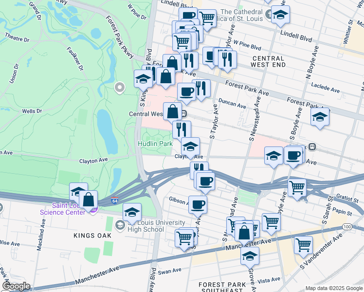 map of restaurants, bars, coffee shops, grocery stores, and more near 4556 McKinley Avenue in St. Louis