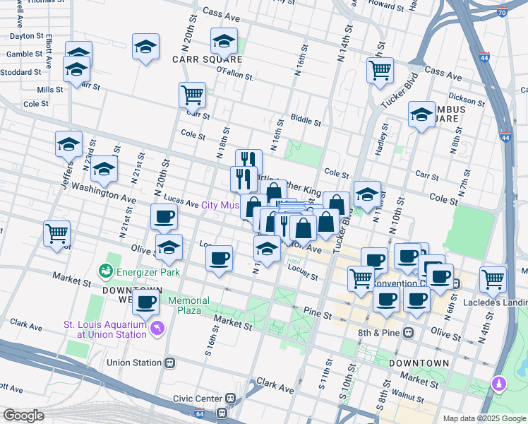 map of restaurants, bars, coffee shops, grocery stores, and more near 1520 Delmar Boulevard in St. Louis