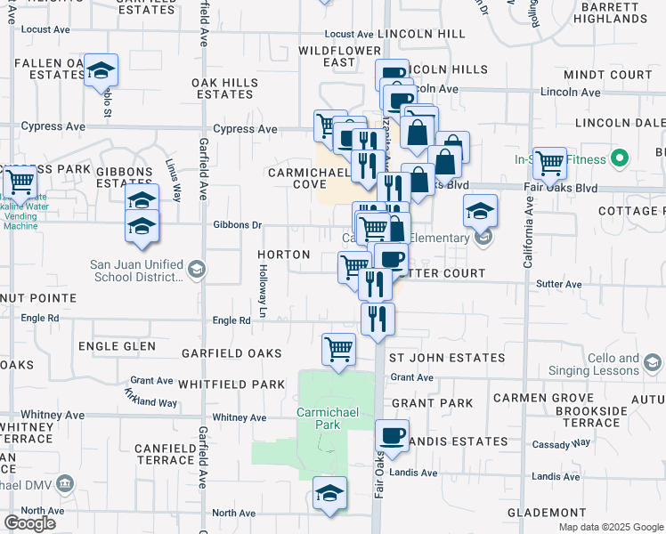 map of restaurants, bars, coffee shops, grocery stores, and more near 5809 Sutter Avenue in Carmichael