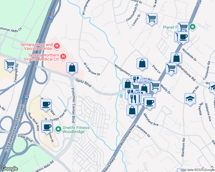 map of restaurants, bars, coffee shops, grocery stores, and more near 2170 Opitz Boulevard in Woodbridge
