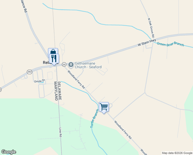 map of restaurants, bars, coffee shops, grocery stores, and more near 2969 Dusty Road in Seaford