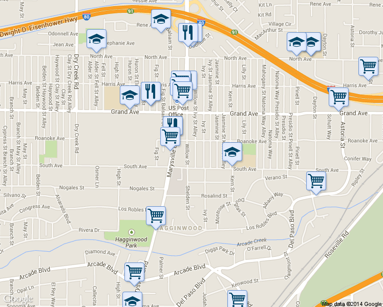 map of restaurants, bars, coffee shops, grocery stores, and more near 3629 Willow Street in Sacramento