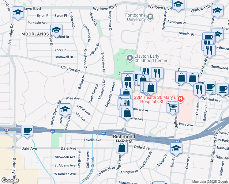 map of restaurants, bars, coffee shops, grocery stores, and more near 1024 Claytonia Terrace in Richmond Heights